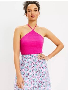 LOFT Smocked Radiant Fuchsia Pink Halter Top NWT Size Medium